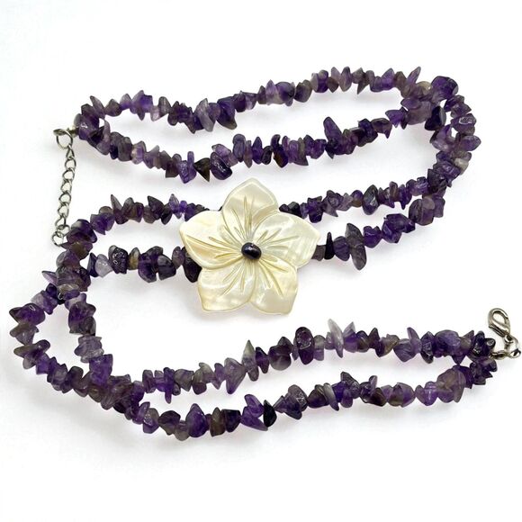 Shell Flower Necklace Purple Amethyst Nugget Carved Mother of Pearl Cruise 20" - Picture 9 of 10